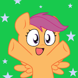 Size: 553x554 | Tagged: safe, artist:pupster0071, character:scootaloo, species:pegasus, species:pony, :d, female, filly, green background, looking at you, nya, simple background, solo, spread wings, stars, underhoof, wings