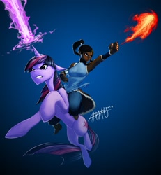 Size: 1389x1506 | Tagged: safe, artist:eosphorite, character:twilight sparkle, crossover, fire, humans riding ponies, korra, magic, riding, the legend of korra