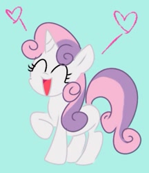 Size: 365x423 | Tagged: safe, artist:nmnkgskds, character:sweetie belle, species:pony, species:unicorn, blank flank, blue background, eyes closed, female, filly, heart, open mouth, pixiv, simple background, solo
