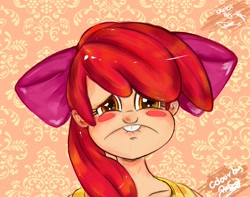 Size: 1413x1115 | Tagged: safe, artist:frankaraya, artist:prodigymysoul, character:apple bloom, episode:call of the cutie, g4, my little pony: friendship is magic, blushing, bucktooth, female, frown, humanized, lip bite, looking at you, puppy dog eyes, sad, scene interpretation, solo