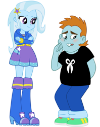 Size: 695x877 | Tagged: safe, artist:disfiguredstick, character:snips, character:trixie, my little pony:equestria girls, blushing, crossed arms, female, looking back, male, shipping, simple background, smiling, sniptrix, straight, trips, white background