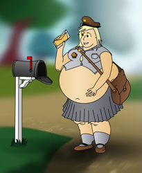 Size: 733x896 | Tagged: safe, artist:fatponysketches, character:derpy hooves, aderpose, bag, belly, big belly, clothing, fat, female, hat, humanized, letter, mail, mailbag, mailbox, obese, post, postman's hat, solo, ssbbw