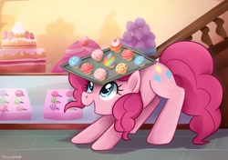 Size: 744x524 | Tagged: safe, artist:tsurime, character:pinkie pie, species:earth pony, species:pony, fanfic:cupcakes, cake, cupcake, feather, female, food, rainbow cupcake, solo, sugarcube corner