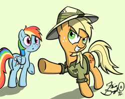 Size: 950x750 | Tagged: safe, artist:flavinbagel, character:applejack, character:rainbow dash, species:earth pony, species:pegasus, species:pony, ship:appledash, blushing, clothing, cosplay, daring do costume, female, freckles, hat, lesbian, loose hair, mare, shipping, signature, simple background