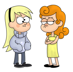 Size: 742x728 | Tagged: safe, artist:zicygomar, character:carrot top, character:derpy hooves, character:golden harvest, crossed arms, gravity falls, humanized, simple background, style emulation, transparent background