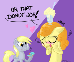 Size: 609x516 | Tagged: safe, artist:zicygomar, character:carrot top, character:derpy hooves, character:golden harvest, species:earth pony, species:pegasus, species:pony, ship:carrotjoe, episode:mmmystery on the friendship express, g4, my little pony: friendship is magic, blushing, dialogue, donut, donut joe gets all the mares, eating, eyes closed, female, heart, implied donut joe, male, mare, milkshake, shipping, smiling, straight