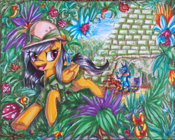Size: 999x799 | Tagged: safe, artist:aschenstern, character:ahuizotl, character:daring do, jungle, traditional art