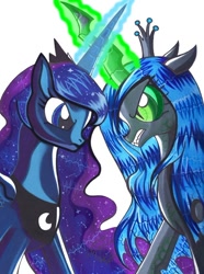 Size: 452x607 | Tagged: safe, artist:aurora-chiaro, character:princess luna, character:queen chrysalis, species:alicorn, species:changeling, species:pony, changeling queen, crossed horns, fangs, female, glowing horn, horn, magic, stare down