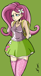 Size: 656x1217 | Tagged: safe, artist:frankaraya, character:fluttershy, species:human, breasts, busty fluttershy, cleavage, clothing, equestria girls outfit, female, frown, humanized, skirt, socks, solo, thigh highs