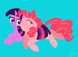 Size: 1280x937 | Tagged: safe, artist:ponett, character:pinkie pie, character:twilight sparkle, character:twilight sparkle (unicorn), species:earth pony, species:pony, species:unicorn, ship:twinkie, cuddling, cute, female, happy, hug, lesbian, shipping, smiling, tail hug