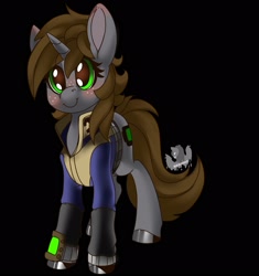 Size: 2030x2160 | Tagged: safe, artist:dessertburrito, oc, oc:littlepip, species:pony, species:unicorn, fallout equestria, g4, blushing, clothing, smiling, solo, vault suit