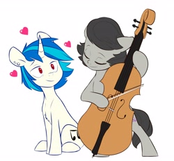 Size: 4096x3803 | Tagged: safe, artist:chub-wub, character:dj pon-3, character:octavia melody, character:vinyl scratch, species:earth pony, species:pony, species:unicorn, ship:scratchtavia, g4, bow, cello, duo, ear piercing, female, heart, hoof hold, mare, musical instrument, shipping
