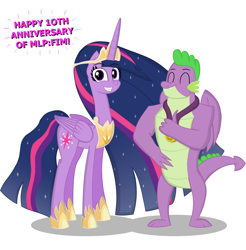 Size: 2042x2077 | Tagged: safe, artist:happyb0y95, character:spike, character:twilight sparkle, character:twilight sparkle (alicorn), species:alicorn, species:dragon, species:pony, episode:the last problem, g4, my little pony: friendship is magic, blue hair, crown, cutie mark, duo, eyelashes, eyes closed, female, grin, hand on hip, happy birthday mlp:fim, high res, horn, jewelry, long hair, looking at you, male, mare, mlp fim's tenth anniversary, multicolored hair, necklace, older, older spike, older twilight, pink hair, princess twilight 2.0, purple eyes, purple hair, regalia, simple background, smiling, tail, teeth, text, thumbs up, white background, winged spike, wings