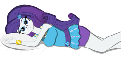 Size: 3000x1500 | Tagged: safe, artist:happyb0y95, character:rarity, species:eqg human, g4, my little pony:equestria girls, bed, blue eyes, bracelet, clothing, cute, eyelashes, eyeshadow, female, hair, jewelry, looking at you, makeup, pillow, purple hair, raribetes, simple background, skirt, smiling, solo, white background