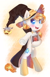 Size: 2644x4093 | Tagged: safe, artist:patchnpaw, oc, species:earth pony, species:pony, g4, blushing, book, clothing, commission, halloween, hat, simple background, socks, standing on two hooves, witchtober, ych result