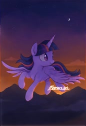Size: 1406x2048 | Tagged: safe, artist:mn27, character:twilight sparkle, character:twilight sparkle (alicorn), species:alicorn, species:pony, g4, cloud, crescent moon, flying, moon, mountain, solo, stars, sunset