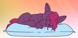 Size: 1400x683 | Tagged: safe, artist:dacaoo, character:tempest shadow, species:pony, species:unicorn, g4, broken horn, curled up, pillow, sleeping, solo