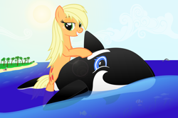 Size: 5550x3700 | Tagged: safe, artist:galekz, character:applejack, absurd resolution, beach, bedroom eyes, female, inflatable, loose hair, ocean, orca, pool toy, riding, solo, wanna ride?, wet mane