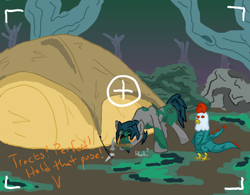 Size: 640x500 | Tagged: safe, artist:wryte, oc, oc only, species:cockatrice, species:earth pony, species:pony, newbie artist training grounds, camera, camera shot, camping, everfree forest, mouth hold, pov, slenderman, tent