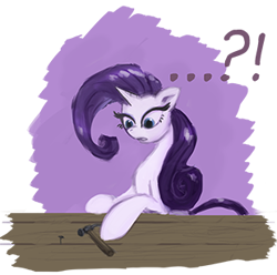 Size: 310x307 | Tagged: safe, artist:zolombo, character:rarity, species:pony, species:unicorn, ..., exclamation point, female, frown, hammer, interrobang, leaning, mare, nail, open mouth, poking, question mark, simple background, solo, surprised, table, transparent background, wide eyes