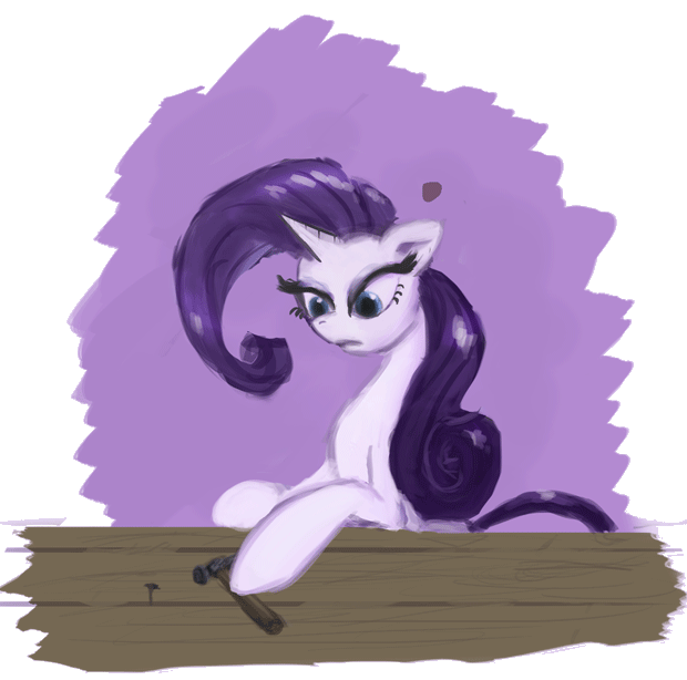 Size: 620x614 | Tagged: safe, artist:zolombo, character:rarity, species:pony, species:unicorn, ..., animated, exclamation point, eyelashes, female, frown, grin, hammer, interrobang, leaning, looking at you, mare, nail, open mouth, poking, question mark, simple background, smiling, solo, squee, surprised, table, transparent background, wide eyes