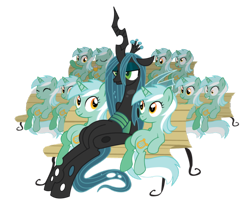 Size: 600x501 | Tagged: safe, artist:xkappax, character:lyra heartstrings, character:queen chrysalis, species:changeling, bench, derp, lyravasion, meme, multeity, sitting, sitting lyra