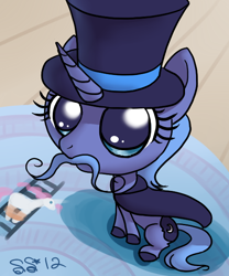 Size: 500x600 | Tagged: safe, artist:alipes, character:princess luna, species:pony, clothing, cute, doll, female, hat, magician, moustache, solo, woona