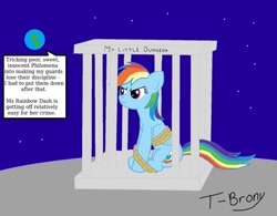 Size: 900x701 | Tagged: safe, artist:t-brony, character:rainbow dash, episode:a bird in the hoof, g4, my little pony: friendship is magic, banishment, cage, dialogue, female, moon, solo, speech bubble, to the moon