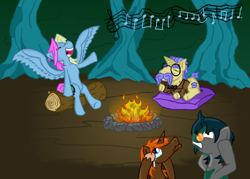 Size: 700x500 | Tagged: safe, artist:wryte, oc, oc only, oc:songbreeze, species:earth pony, species:pegasus, species:pony, species:unicorn, newbie artist training grounds, campfire, clothing, crying, everfree forest, glasses, singing, sunglasses