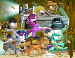 Size: 2200x1700 | Tagged: safe, artist:berrypawnch, character:applejack, character:berry punch, character:berryshine, character:bon bon, character:derpy hooves, character:dj pon-3, character:doctor whooves, character:lyra heartstrings, character:octavia melody, character:sweetie drops, character:time turner, character:vinyl scratch, species:pegasus, species:pony, back to the future, background pony, background pony applejack, background six, barrel, bass cannon, bubble, car, carrot on a stick, cello, clothing, crazy face, crossover, delorean, doctor who, drool, female, fence, grass, hand, hand fetish, hat, leaves, lyra doing lyra things, mare, mr.fusion, musical instrument, ponies riding ponies, ponies riding ponies riding bass cannons, race, running, running of the leaves, sign, sombrero, sonic screwdriver, the doctor, time machine, tree