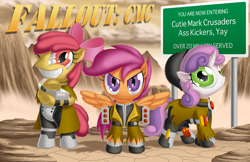 Size: 1700x1100 | Tagged: safe, artist:berrypawnch, character:apple bloom, character:scootaloo, character:sweetie belle, species:pegasus, species:pony, fallout equestria, bipedal, clothing, crossover, cutie mark crusaders, fallout, sign