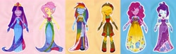 Size: 6647x2075 | Tagged: safe, artist:antych, character:applejack, character:fluttershy, character:pinkie pie, character:rainbow dash, character:rarity, character:twilight sparkle, my little pony:equestria girls, bare shoulders, beautiful, clothing, dress, fall formal outfits, line-up, mane six, sleeveless, strapless