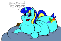 Size: 750x500 | Tagged: safe, artist:watertimdragon, oc, oc only, oc:jester bells, species:pony, species:unicorn, ask, chubby, cookie jar, fat, impossibly large butt, plot, solo, tumblr