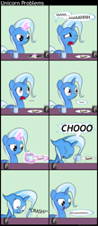 Size: 1000x2286 | Tagged: safe, artist:subjectnumber2394, character:trixie, species:pony, species:unicorn, ..., comic, crashing, female, mare, mr bean, pinecone, sneezing