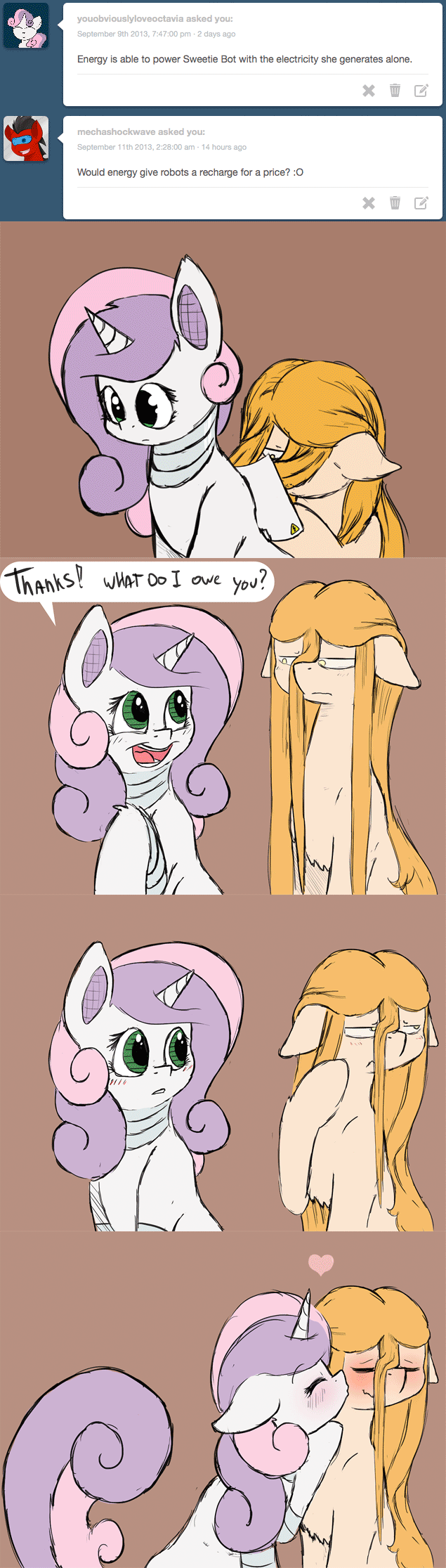 Size: 635x2231 | Tagged: safe, artist:fiddlearts, character:sweetie belle, oc, oc:energy, species:earth pony, species:pony, species:unicorn, sweetie bot, animated, ask, blushing, brown background, chest fluff, comic, cute, diasweetes, embarrassed, eyes closed, female, floppy ears, frown, future sweetie bot, gif, heart, hooves, horn, kiss on the cheek, kissing, lesbian, looking away, mare, older, open mouth, pointing, repairing, robot, robot pony, shipping, simple background, sitting, smiling, teeth, tumblr, wall of tags, wavy mouth