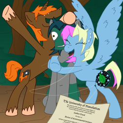 Size: 894x894 | Tagged: safe, artist:wryte, oc, oc only, oc:songbreeze, species:earth pony, species:pegasus, species:pony, species:unicorn, newbie artist training grounds, diploma, earring, everfree forest, hug