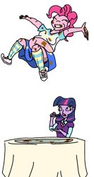 Size: 651x1225 | Tagged: safe, artist:wryte, character:pinkie pie, character:twilight sparkle, episode:mmmystery on the friendship express, g4, my little pony: friendship is magic, my little pony:equestria girls, belly, belly button, big belly, bouncing, cake, clothing, colored skin, equestria girls interpretation, fat, humanized, pudgy pie, scene interpretation, shoes, skirt, socks, striped socks, upskirt
