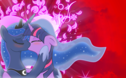 Size: 1920x1200 | Tagged: dead source, safe, artist:illuminatiums, artist:vexx3, edit, character:princess luna, character:twilight sparkle, species:alicorn, species:pony, species:unicorn, ship:twiluna, g4, abstract background, blushing, bust, eyes closed, female, floppy ears, horn, jewelry, kissing, lesbian, love, mare, portrait, regalia, shipping, show accurate, tiara, vector, wallpaper, wallpaper edit