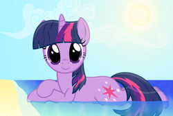Size: 4000x2700 | Tagged: safe, artist:galekz, character:twilight sparkle, species:pony, beach, cloud, cute, female, looking at you, mare, smiling, solo, sun