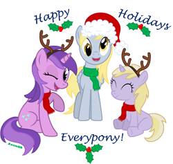 Size: 6380x6060 | Tagged: safe, artist:axemgr, character:amethyst star, character:derpy hooves, character:dinky hooves, character:sparkler, species:pegasus, species:pony, absurd resolution, antlers, clothing, equestria's best daughter, equestria's best family, female, hat, mare, santa hat, scarf, sisterly sparkler