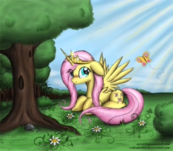 Size: 3726x3266 | Tagged: safe, artist:ap0st0l, artist:vulpessentia, character:fluttershy, species:alicorn, species:pony, :o, alicornified, blushing, butterfly, female, flower, fluttercorn, forest, looking at you, nature, princess, prone, race swap, scenery, shy, solo, spread wings, wings