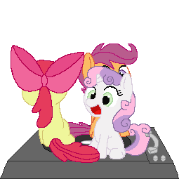 Size: 255x255 | Tagged: safe, artist:tomdantherock, character:apple bloom, character:scootaloo, character:sweetie belle, species:earth pony, species:pegasus, species:pony, species:unicorn, g4, adorabloom, animated, cute, cutealoo, cutie mark crusaders, diasweetes, female, filly, good trick, record player, simple background, spinning, transparent background, turntable, turntable pony