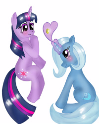 Size: 2520x3157 | Tagged: safe, artist:rayodragon, character:trixie, character:twilight sparkle, ship:twixie, blushing, female, glowing horn, lesbian, magic, marriage proposal, ring, shipping