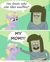 Size: 2000x2470 | Tagged: safe, artist:axemgr, character:dinky hooves, comic, crossover, dialogue, happy, high five, joke, muscle man, my mom, regular show, smiling, speech bubble