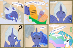 Size: 3000x2001 | Tagged: safe, artist:axemgr, character:princess celestia, character:princess luna, comic, conditioner, s1 luna, shampoo, shower