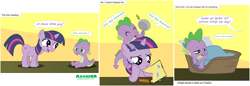 Size: 5229x1800 | Tagged: safe, artist:axemgr, character:spike, character:twilight sparkle, baby dragon, book, comic, dinosaurs (tv show), filly, how to train your dragon, not the mama, not the momma, not the momma!, origins, pan, parody, reading, reference, younger