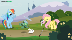 Size: 5349x3002 | Tagged: safe, artist:axemgr, character:angel bunny, character:fluttershy, character:rainbow dash, character:tank, parody, pet, race, the tortoise and the hare