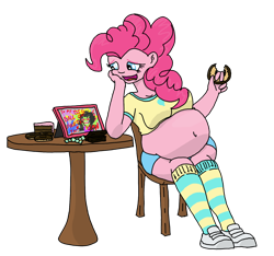 Size: 1600x1500 | Tagged: safe, artist:wryte, character:pinkie pie, oc, my little pony:equestria girls, andrew w.k., belly, belly button, big belly, cake, candy, canon x oc, donut, eating, fanfic art, fat, fudge, humanized, obese, piggy pie, pudgy pie, request, round belly, simple background, transparent background