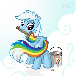 Size: 600x600 | Tagged: safe, artist:don-ko, character:rainbow dash, species:pegasus, species:pony, artifact, cloud, colorless dash, dash's little secret, dye, dyed tail, exploitable meme, female, hair dye, looking back, mare, meme, mouth hold, on a cloud, paint, paint bucket, paint on fur, paintbrush, painting, rainbow paint, rainbow tail, rainbow-less dash, secret, signature, solo, this explains everything, white hair, white mane