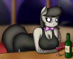 Size: 2560x2048 | Tagged: safe, artist:devs-iratvs, character:octavia melody, species:anthro, big breasts, breasts, busty octavia, cleavage, clothing, curvy, dress, female, little black dress, side slit, solo, straw, wine